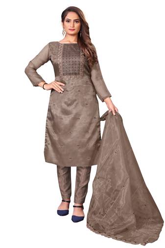 Kimisha women's beaver brown organza embroidered unstitched dress material