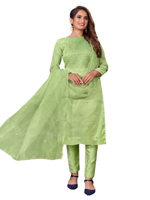 Parrot Green Organza Embroidered Unstitched Dress Material 1