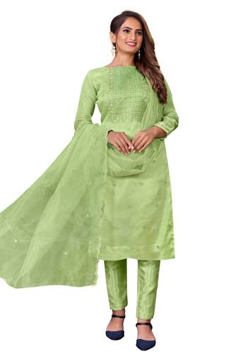 Parrot Green Organza Embroidered Unstitched Dress Material