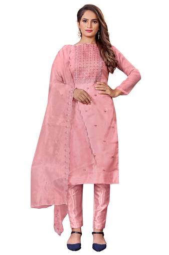 Pink Organza Embroidered Unstitched Dress Material