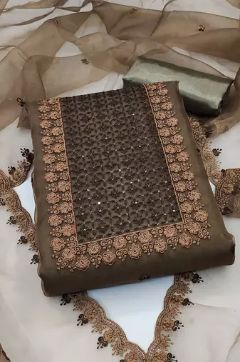 Kimisha women's beaver brown organza embroidered unstitched dress material