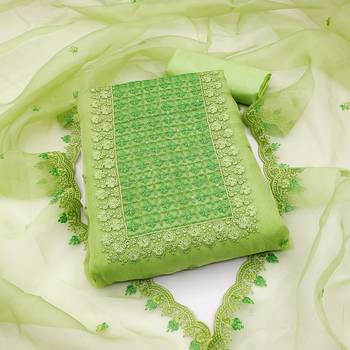 Parrot Green Organza Embroidered Unstitched Dress Material 1