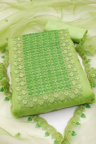 Parrot Green Organza Embroidered Unstitched Dress Material