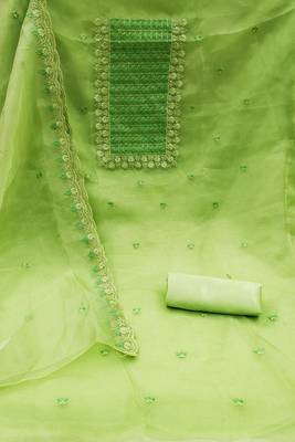 Parrot Green Organza Embroidered Unstitched Dress Material 2