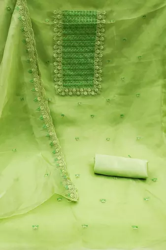 Parrot Green Organza Embroidered Unstitched Dress Material