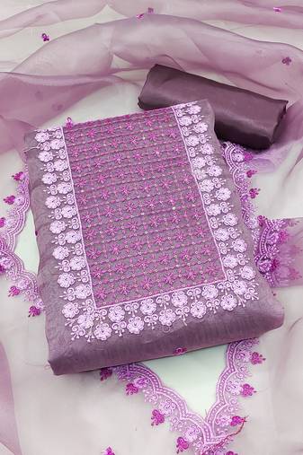 Lavender Organza Embroidered Unstitched Dress Material