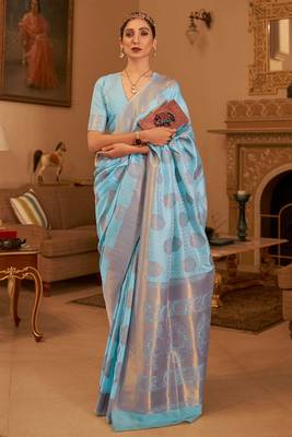 Blue Copper Zari Weaving Banarasi Silk Blend Saree With Blouse For Women 1