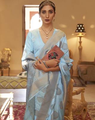 Blue Copper Zari Weaving Banarasi Silk Blend Saree With Blouse For Women 2