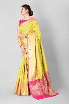Silk Land  Yellow   Woven Design Silk Blend Saree  2
