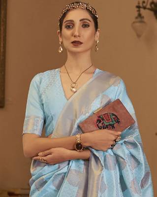 Blue Copper Zari Weaving Banarasi Silk Blend Saree With Blouse For Women 3