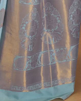 Blue Copper Zari Weaving Banarasi Silk Blend Saree With Blouse For Women 4