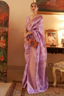 Lavender Copper Zari Weaving Banarasi Silk Blend Saree With Blouse For Women 1