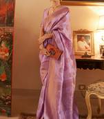 Lavender Copper Zari Weaving Banarasi Silk Blend Saree With Blouse For Women