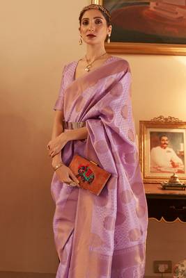 Lavender Copper Zari Weaving Banarasi Silk Blend Saree With Blouse For Women 3