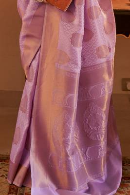 Lavender Copper Zari Weaving Banarasi Silk Blend Saree With Blouse For Women 4
