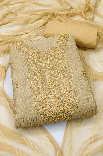Beige Cotton Embroidered Unstitched Dress Material