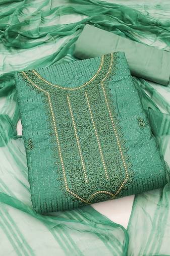 Aquamarine Cotton Embroidered Unstitched Dress Material