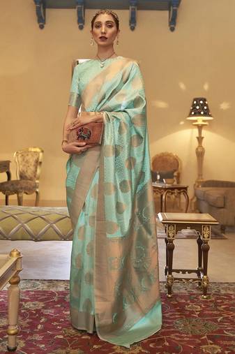 Green Copper Zari Weaving Banarasi Silk Blend Saree With Blouse For Women