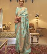 Green Copper Zari Weaving Banarasi Silk Blend Saree With Blouse For Women