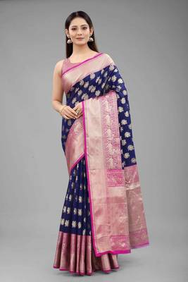 Silk Land  Blue  Woven Design Silk Blend Saree  1