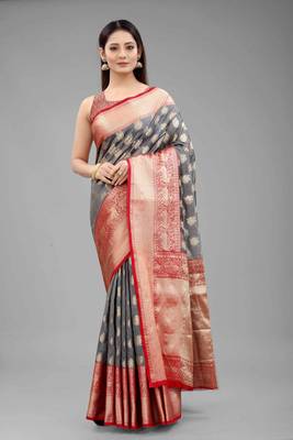 Silk Land  Grey  Woven Design Silk Blend Saree  1