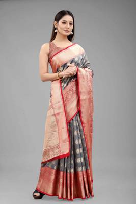 Silk Land  Grey  Woven Design Silk Blend Saree  4