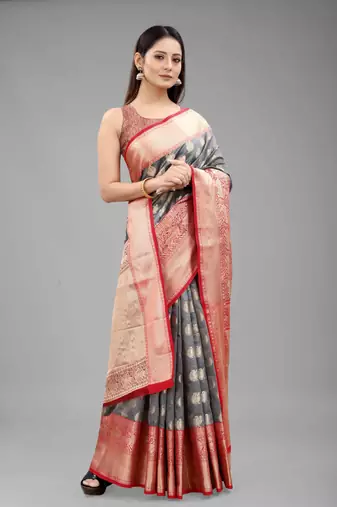 Silk Land  Grey  Woven Design Silk Blend Saree 