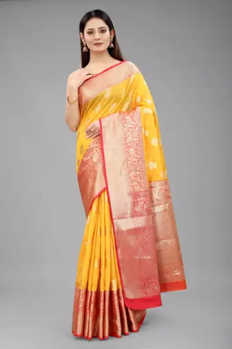  Yellow  Woven Design Silk Blend Saree 