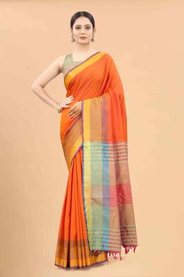 Silk Land  Orange  Solid Art Silk Saree  1