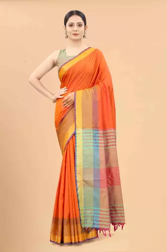 Silk Land  Orange  Solid Art Silk Saree 