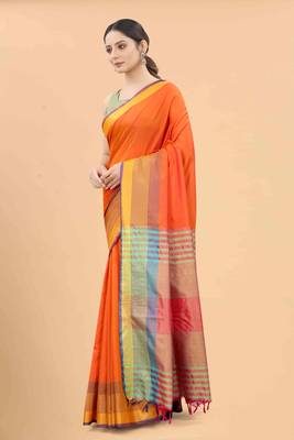 Silk Land  Orange  Solid Art Silk Saree  2