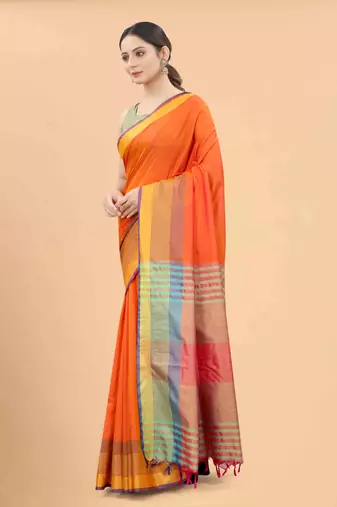 Silk Land  Orange  Solid Art Silk Saree 