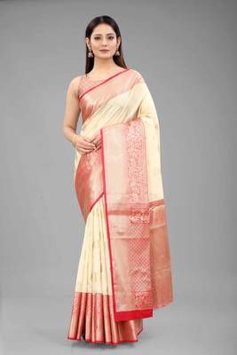 Silk Land  White  Woven Design Silk Blend Saree  1