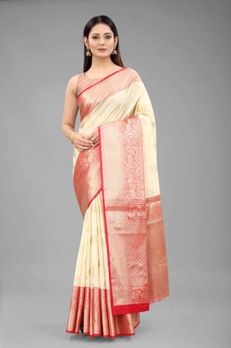 Silk Land  White  Woven Design Silk Blend Saree 