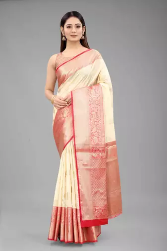 Silk Land  White  Woven Design Silk Blend Saree 