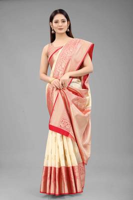 Silk Land  White  Woven Design Silk Blend Saree  4