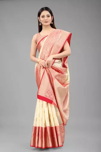 Silk Land  White  Woven Design Silk Blend Saree 