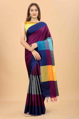 Silk Land  Blue  Solid Art Silk Saree 