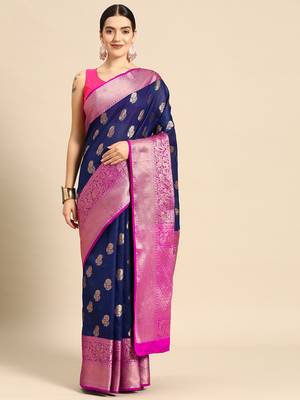 Silk Land  Navy Blue  Floral Art Silk Saree  1