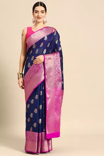 Silk Land  Navy Blue  Floral Art Silk Saree 