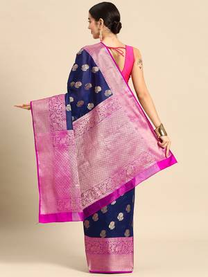 Silk Land  Navy Blue  Floral Art Silk Saree  2