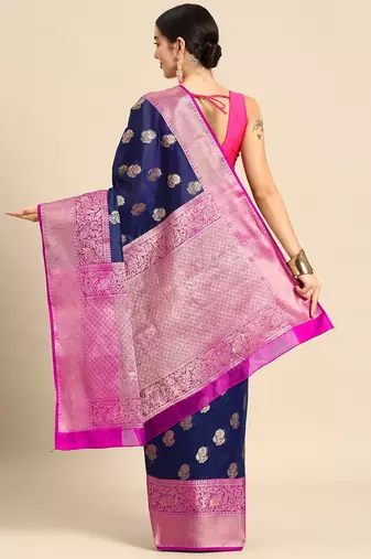 Silk Land  Navy Blue  Floral Art Silk Saree 