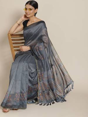 Silk Land  Black  Striped Cotton Blend Saree  1