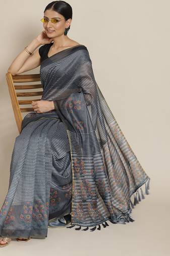 Silk Land  Black  Striped Cotton Blend Saree 