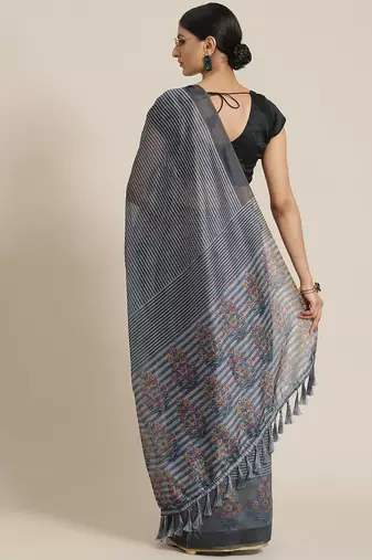 Silk Land  Black  Striped Cotton Blend Saree 