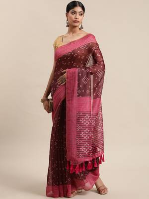Silk Land  Brown  Printed Cotton Blend Saree  1