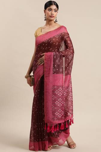 Silk Land  Brown  Printed Cotton Blend Saree 