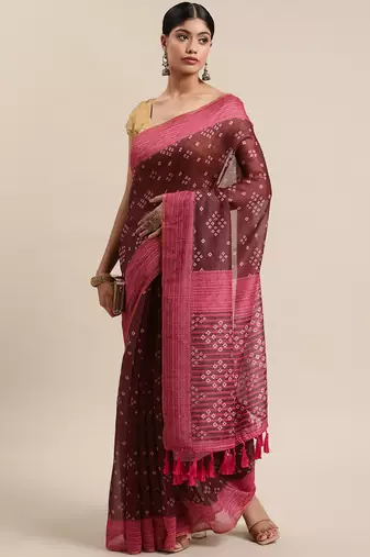 Silk Land  Brown  Printed Cotton Blend Saree 