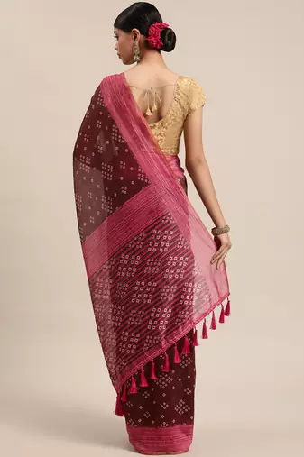 Silk Land  Brown  Printed Cotton Blend Saree 