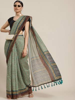 Silk Land  Green  Printed Cotton Blend Saree  1